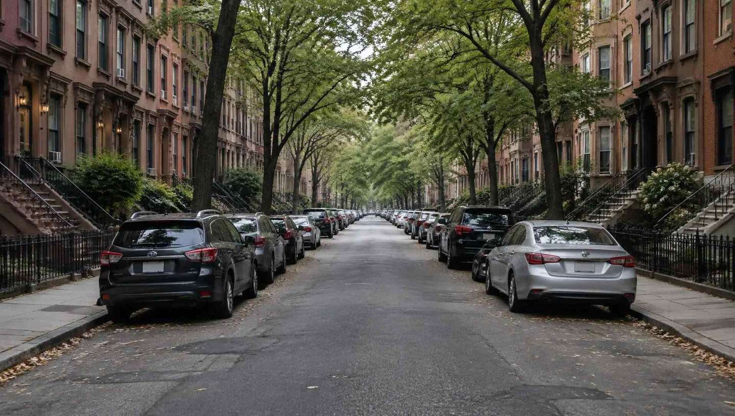 Brooklyn brownstone street with parked cars on a weekday morning