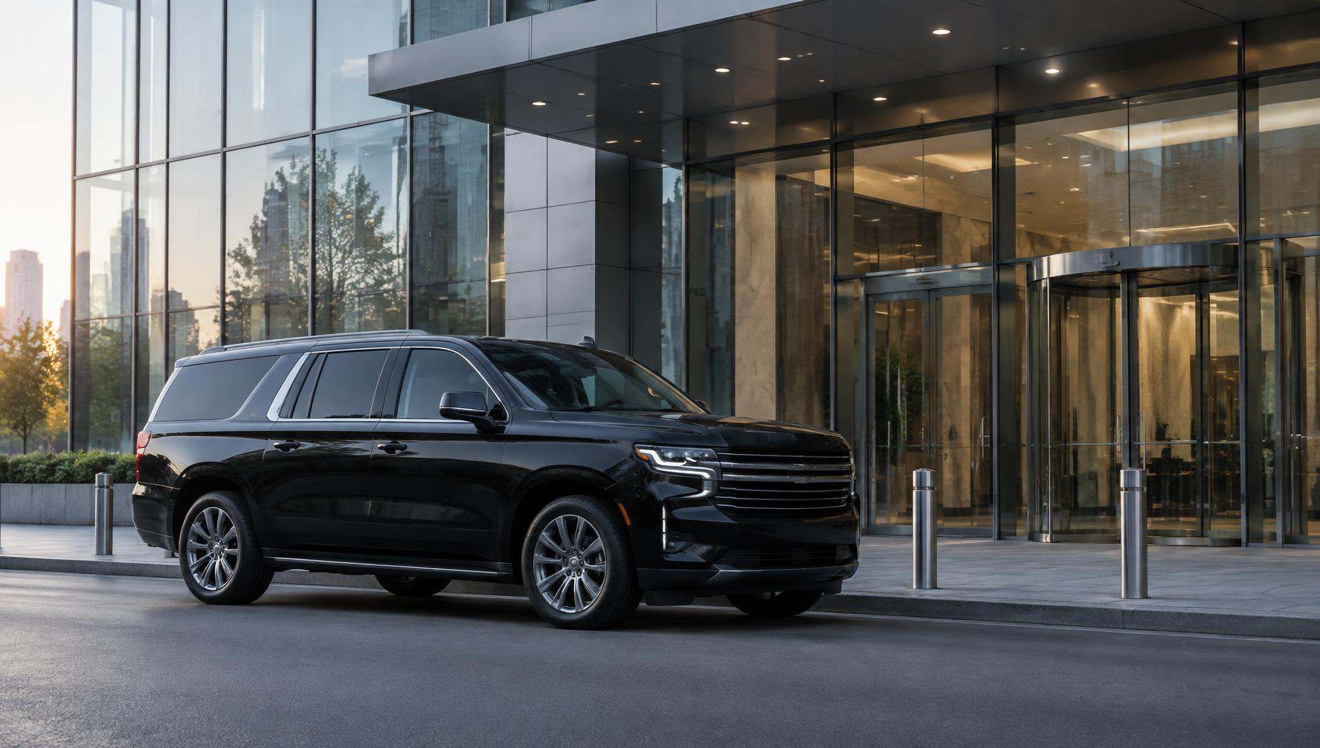 Black SUV waiting outside an office building