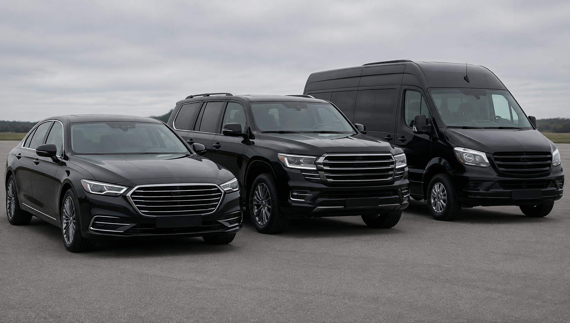 A sedan, an SUV and a Sprinter van parked in a row
