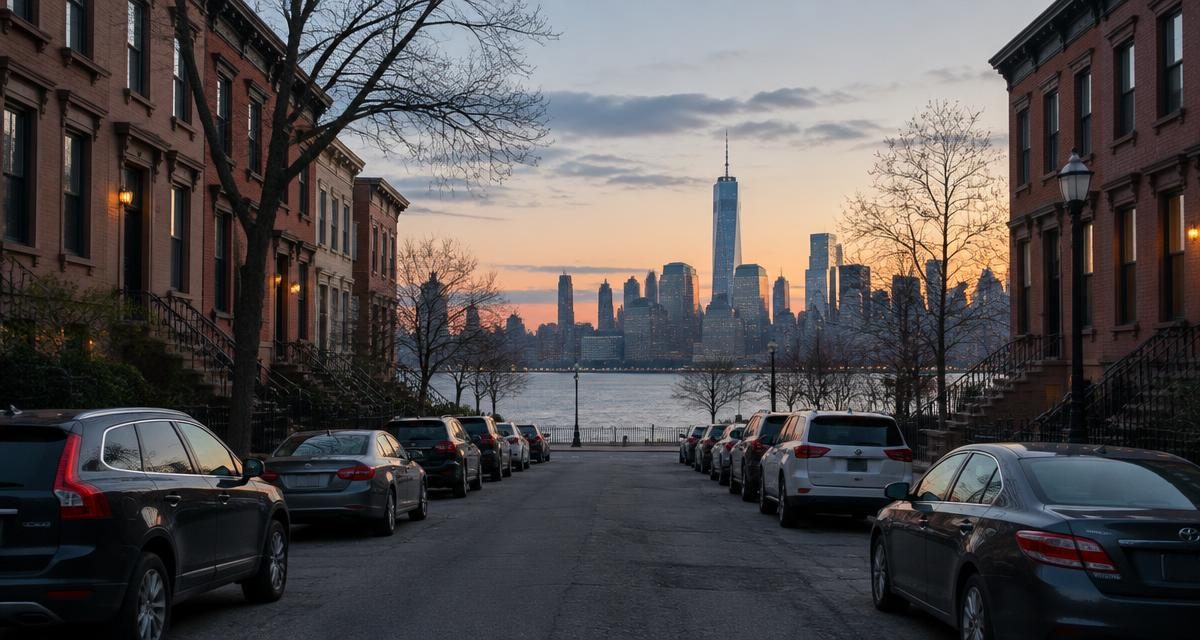 Hoboken street looking toward the Manhattan skyline at dusk