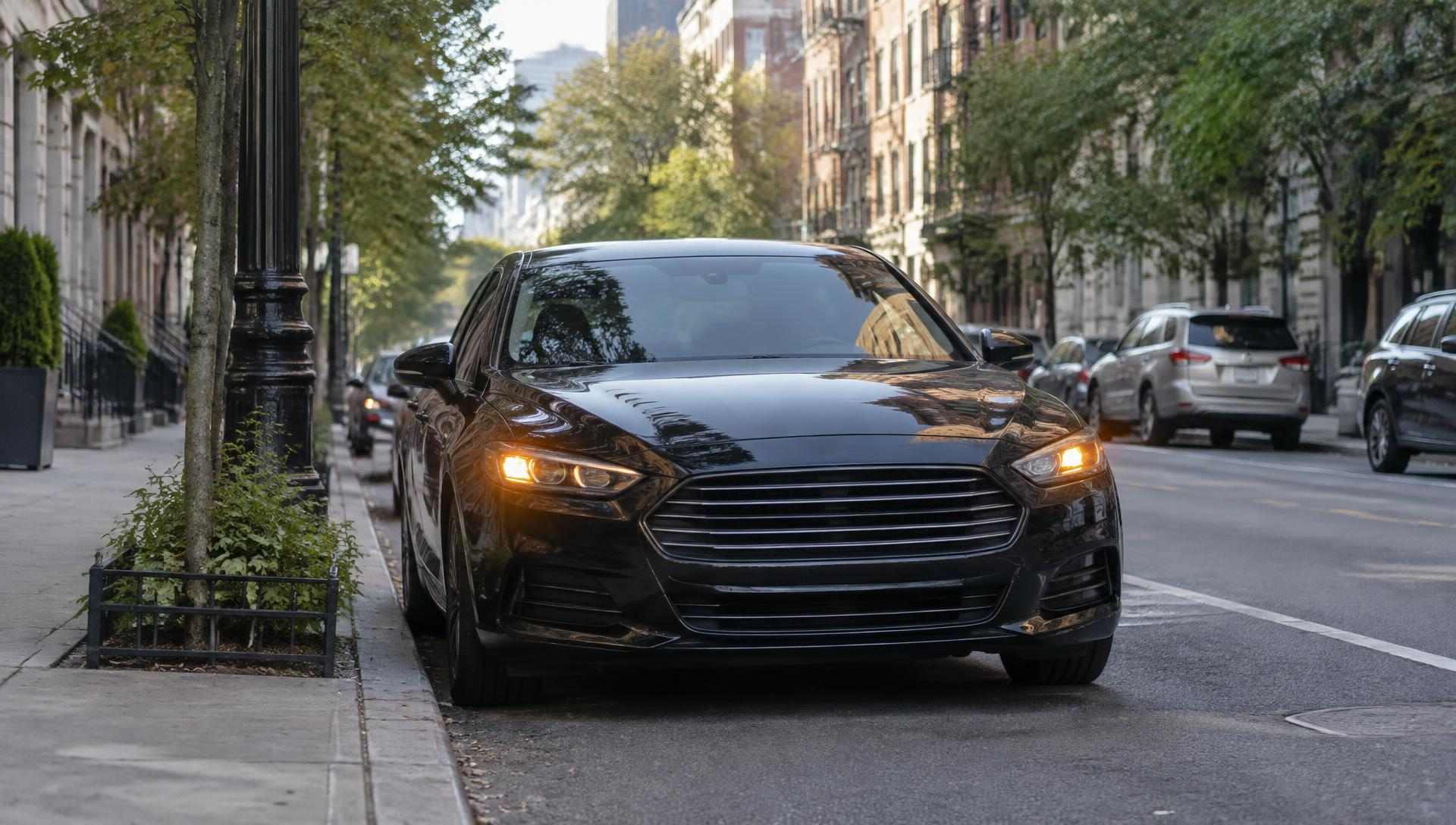 Black sedan waiting at a city kerb