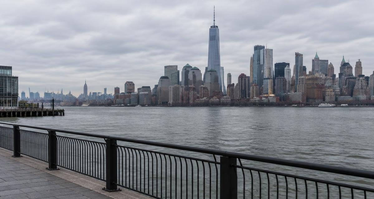 View across the Hudson River toward Lower Manhattan from the Jersey City waterfront