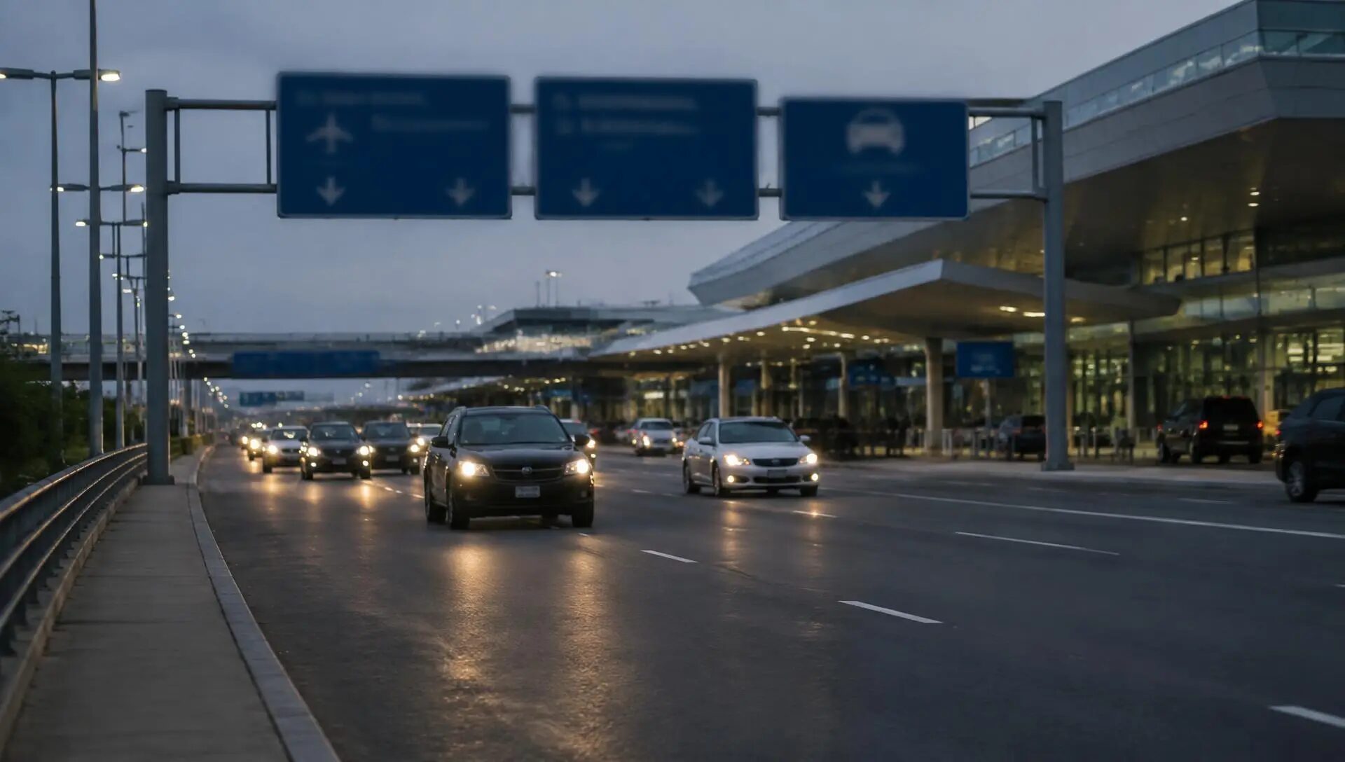 Airport approach roadway with terminal signage in early evening