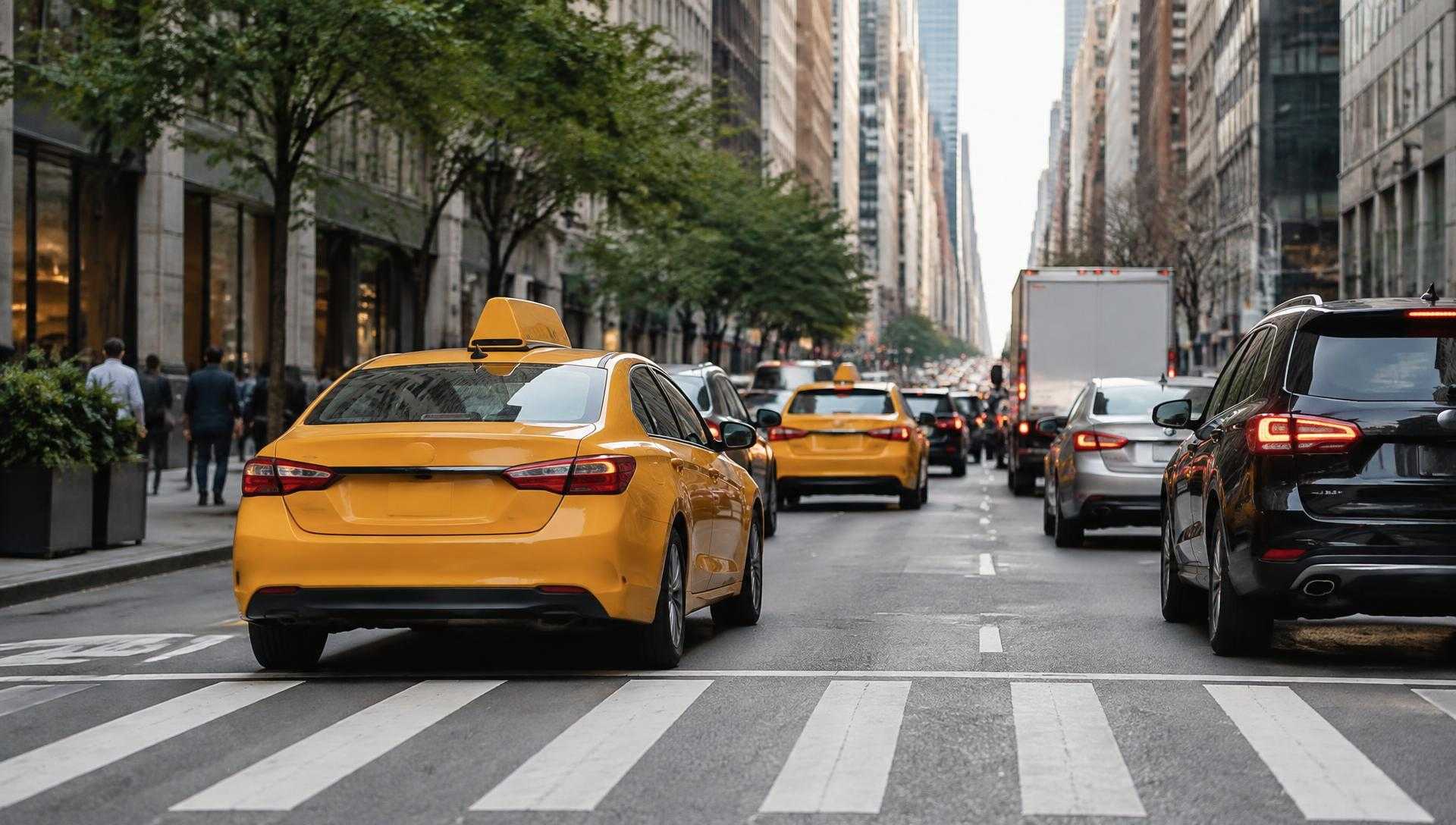 Yellow cabs and traffic on a Manhattan avenue