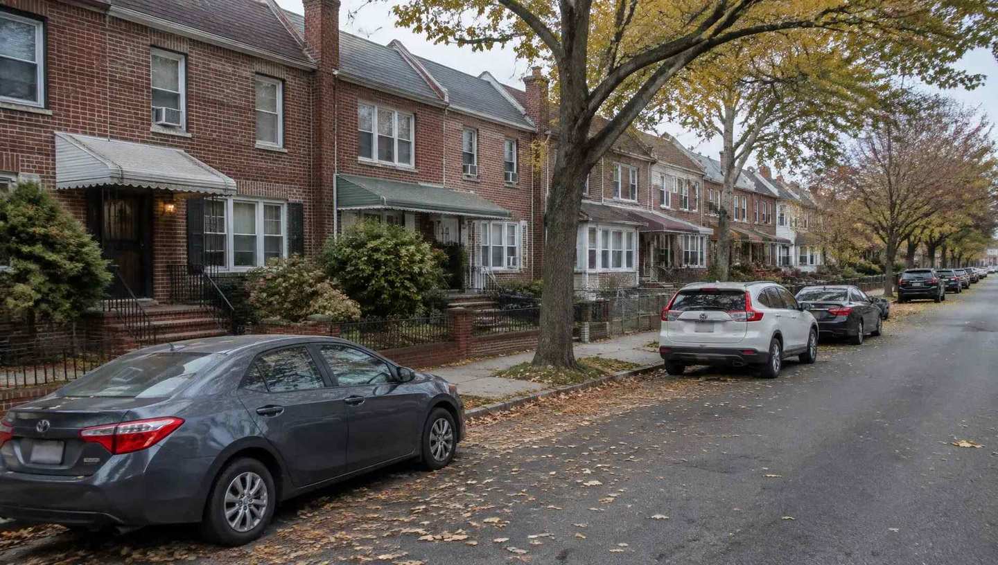 Residential street in Queens, New York on an autumn afternoon