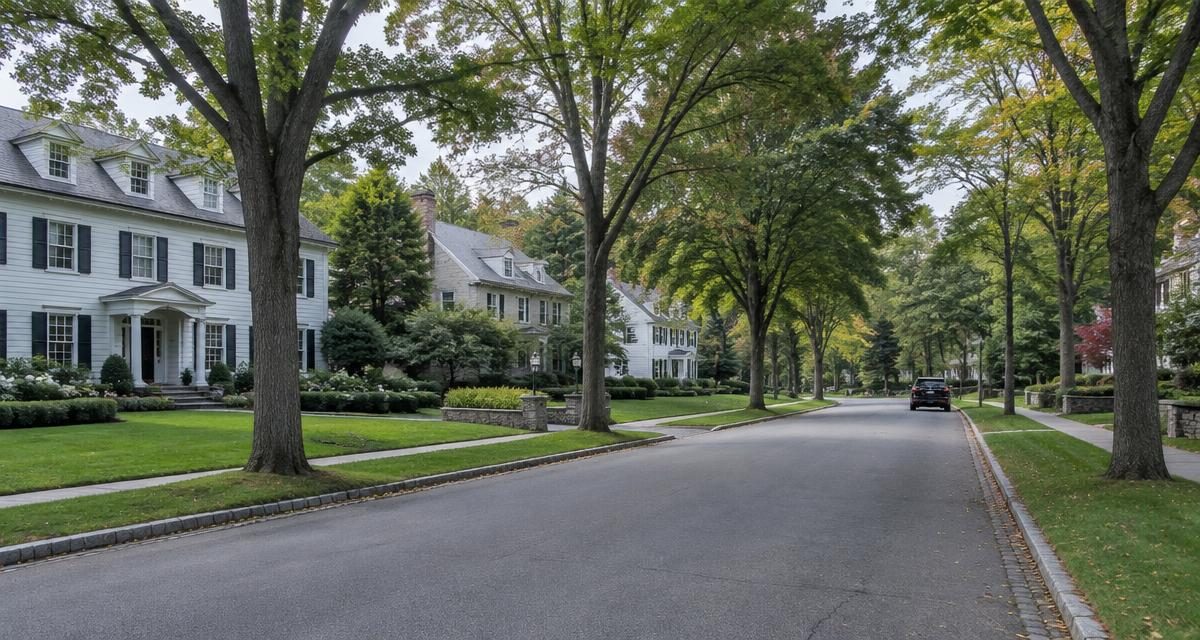 Tree-lined residential street in Short Hills, New Jersey